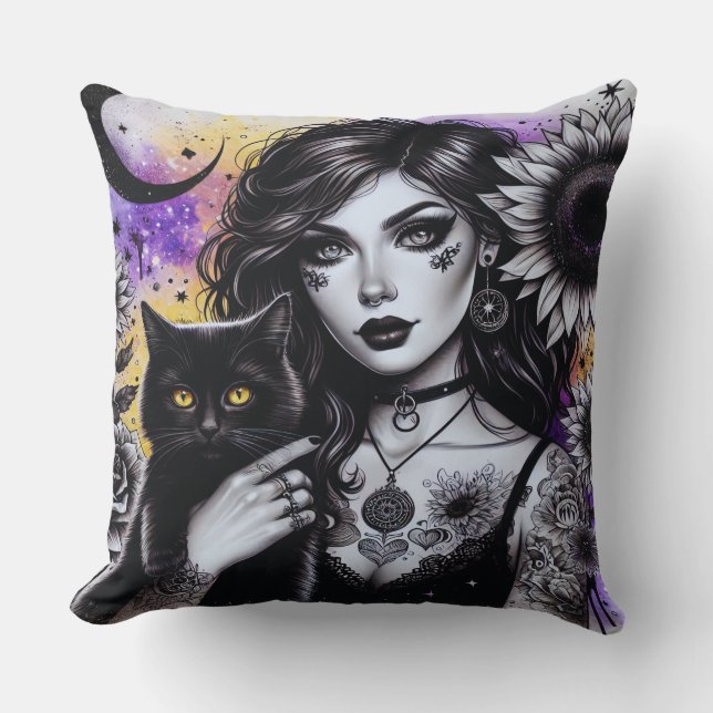 Cojín Decorativo Bruja gótica celestial y gato negro (Anverso)