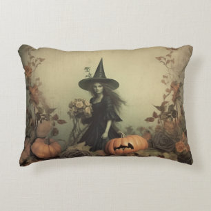 Cojín Decorativo Bruja gótica sepia con calabazas y rosas de otoño