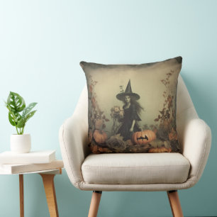 Cojín Decorativo Bruja gótica sepia con calabazas y rosas de otoño