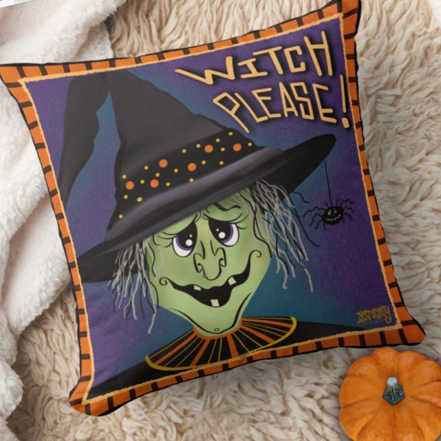 Cojín Decorativo Bruja graciosa, por favor, cuida Halloween (Sunny witch, please Inspirivity Halloween pillow)