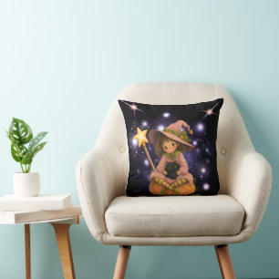 Cojín Decorativo Bruja Linda Bajo las Estrellas Fantasía Mágica