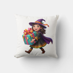 Cojín Decorativo Bruja Mágica Entregando Regalos Fantasía de Hallow