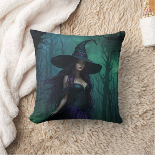 Cojín Decorativo Bruja malvada de Halloween en morado y negro