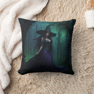 Cojín Decorativo Bruja malvada de Halloween en morado y negro