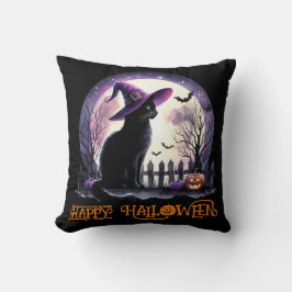 Cojín Decorativo Bruja negra de gato y murciélagos de Halloween