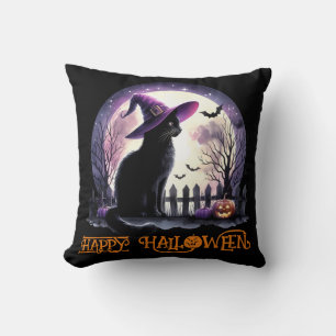 Cojín Decorativo Bruja negra de gato y murciélagos de Halloween