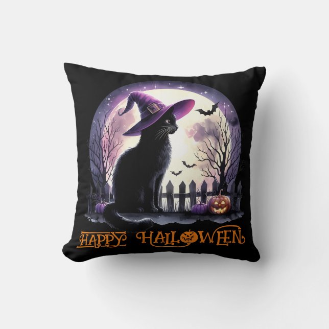 Cojín Decorativo Bruja negra de gato y murciélagos de Halloween (Anverso)
