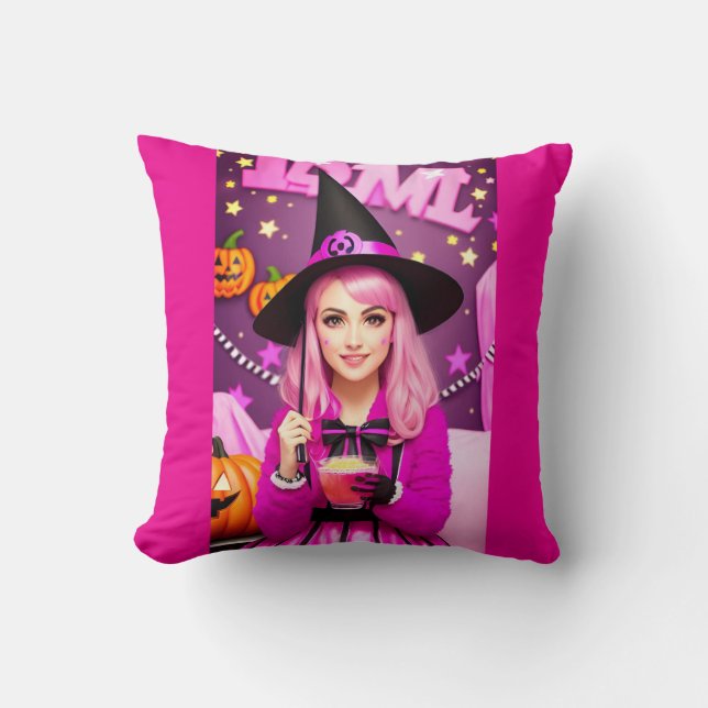 Cojín Decorativo Bruja rosa de Halloween (Anverso)