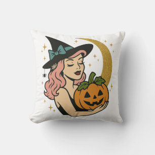 Cojín Decorativo Bruja Vintage con Calabaza Halloween