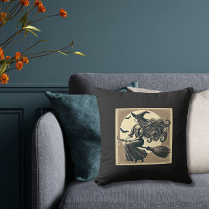 Cojín Decorativo Bruja Vintage en Escoba Luna Llena y Murciélagos H