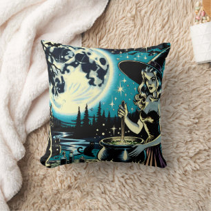 Cojín Decorativo Bruja Vintage revolviendo un Caldero Halloween 