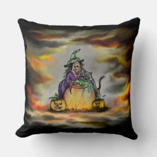 Cojín Decorativo Bruja y gato negro, ¡Feliz Halloween!