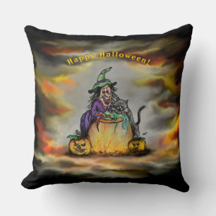 Cojín Decorativo Bruja y gato negro, ¡Feliz Halloween!