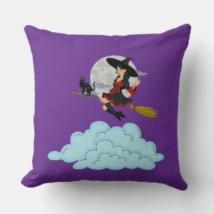 Cojín Decorativo Bruja y gato negro volando en la escoba