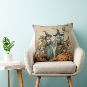 Cojín Decorativo Brujas Victorianas Caprichosas Calabaza Rosas