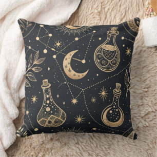Cojín Decorativo Brujería Celestial - Luna Dorada, Frascos de Poció