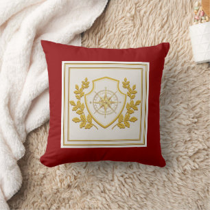 Cojín Decorativo Brújula de oro real con cresta y laurel sobre rojo
