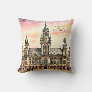 Cojín Decorativo Bruselas Bélgica Acuarela Gran Palacio