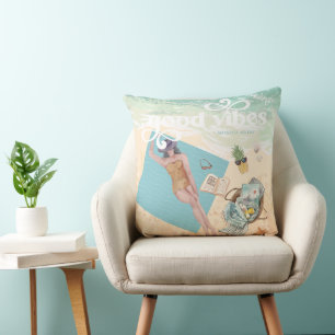 Cojín Decorativo Buenas Vibraciones   Playa de Verano Retro de Moda