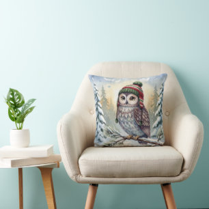 Cojín Decorativo Búho acuarela con sombrero de invierno