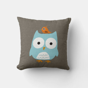 Cojín Decorativo Búho Azul con Pajarito Naranja