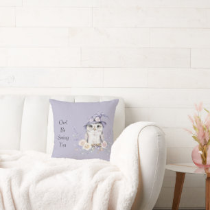 Cojín Decorativo Búho Blanco Sombrero Púrpura Flores Bonitas