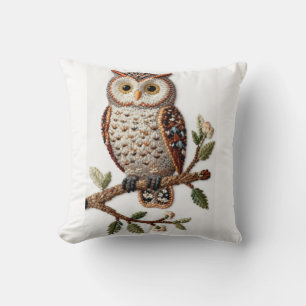 Cojín Decorativo Búho Bordado en Rama Diseño de Arte de Naturaleza