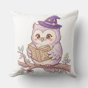 Cojín Decorativo Búho bruja lindo leyendo libro de hechizos ilustra