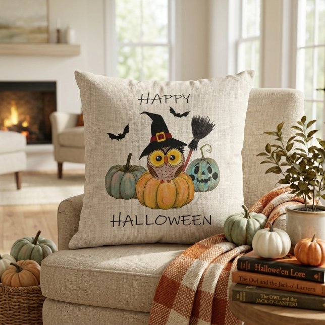 Cojín Decorativo Búho Brujo Feliz Halloween (Witchy Owl Happy Halloween Throw Pillow)