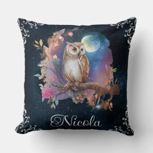 Cojín Decorativo Búho de fantasía celestial en acuarela vintage