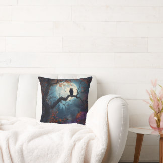 Cojín Decorativo Búho de Luna Llena en Noche de Árbol de Otoño