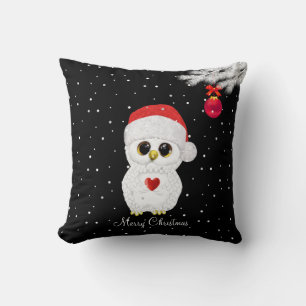 Cojín Decorativo Búho de Navidad Blanco sobre Negro