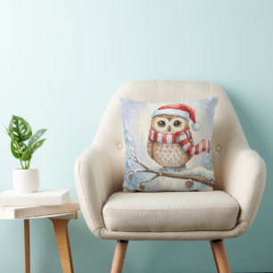 Cojín Decorativo Búho de Navidad en acuarela con sombrero de Santa