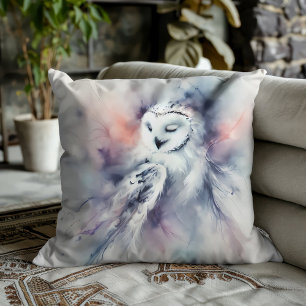 Cojín Decorativo Búho de nieve encantado en acuarela