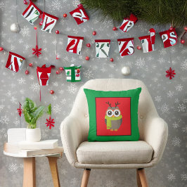 Cojín Decorativo Búho de vacaciones lindo en rojo y verde