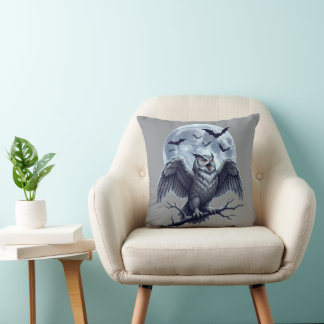 Cojín Decorativo Búho Gris de Luna Llena con Murciélagos