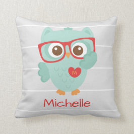 Cojín Decorativo Búho lindo, nombre personalizado de w y inicial
