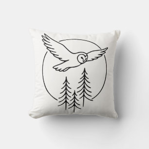 Cojín Decorativo Búho Mínimo Volando Sobre Pinos – Arte de Línea de