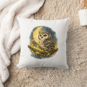 Cojín Decorativo Búho místico acuarela y luna creciente dorada