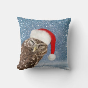 Cojín Decorativo Búho Navideño Adorable con Sombrero de Santa Rojo 