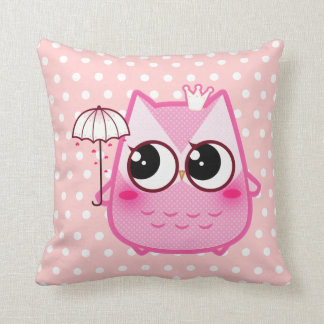 Cojín Decorativo Búho rosado de Kawaii con el paraguas lindo