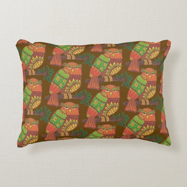 Cojín Decorativo Búhos de Arte Popular en Ramas Niños  (Anverso)