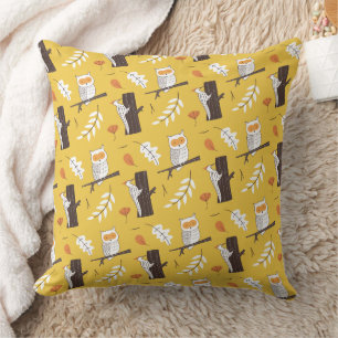 Cojín Decorativo Búhos Lindos & Carpinteros Amarillo Mostaza Bosque