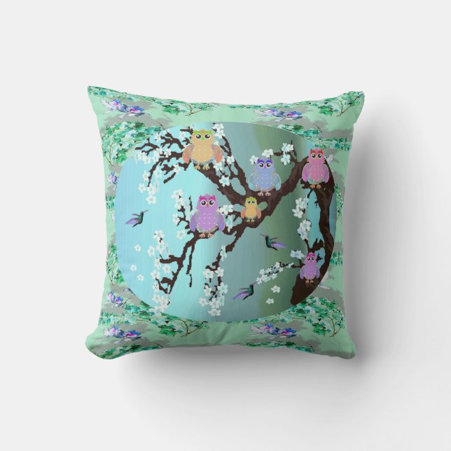 Cojín Decorativo Búhos y colibríes (Anverso)