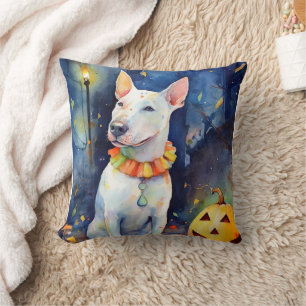 Cojín Decorativo Bull Terrier de Halloween con calabazas aterrador 