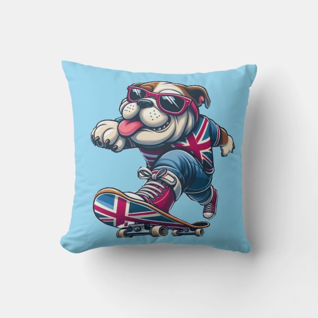 Cojín Decorativo Bulldog británico Guay en Skateboard (Anverso)