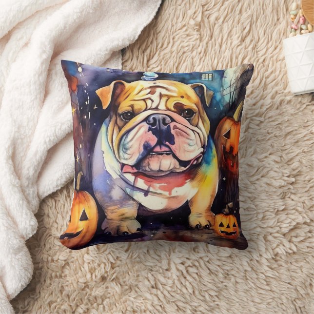 Cojín Decorativo Bulldog de Halloween con calabazas temerosas (Manta)