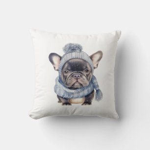 Cojín Decorativo Bulldog de invierno bebé en la cubierta azul y la 