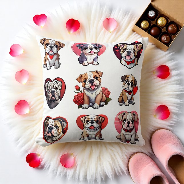 Cojín Decorativo Bulldog de San Valentín (Bulldog Heart Collage Valentine Decorative Throw Pillow)
