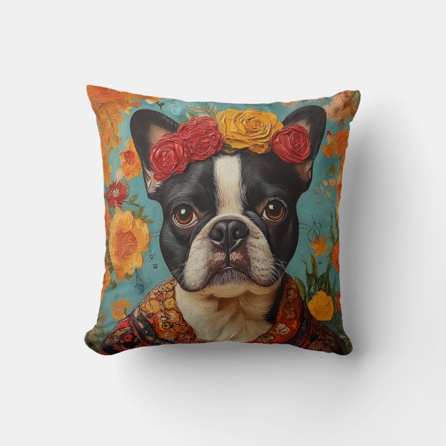 Cojín Decorativo Bulldog francés como Frida Kahlo (Anverso)